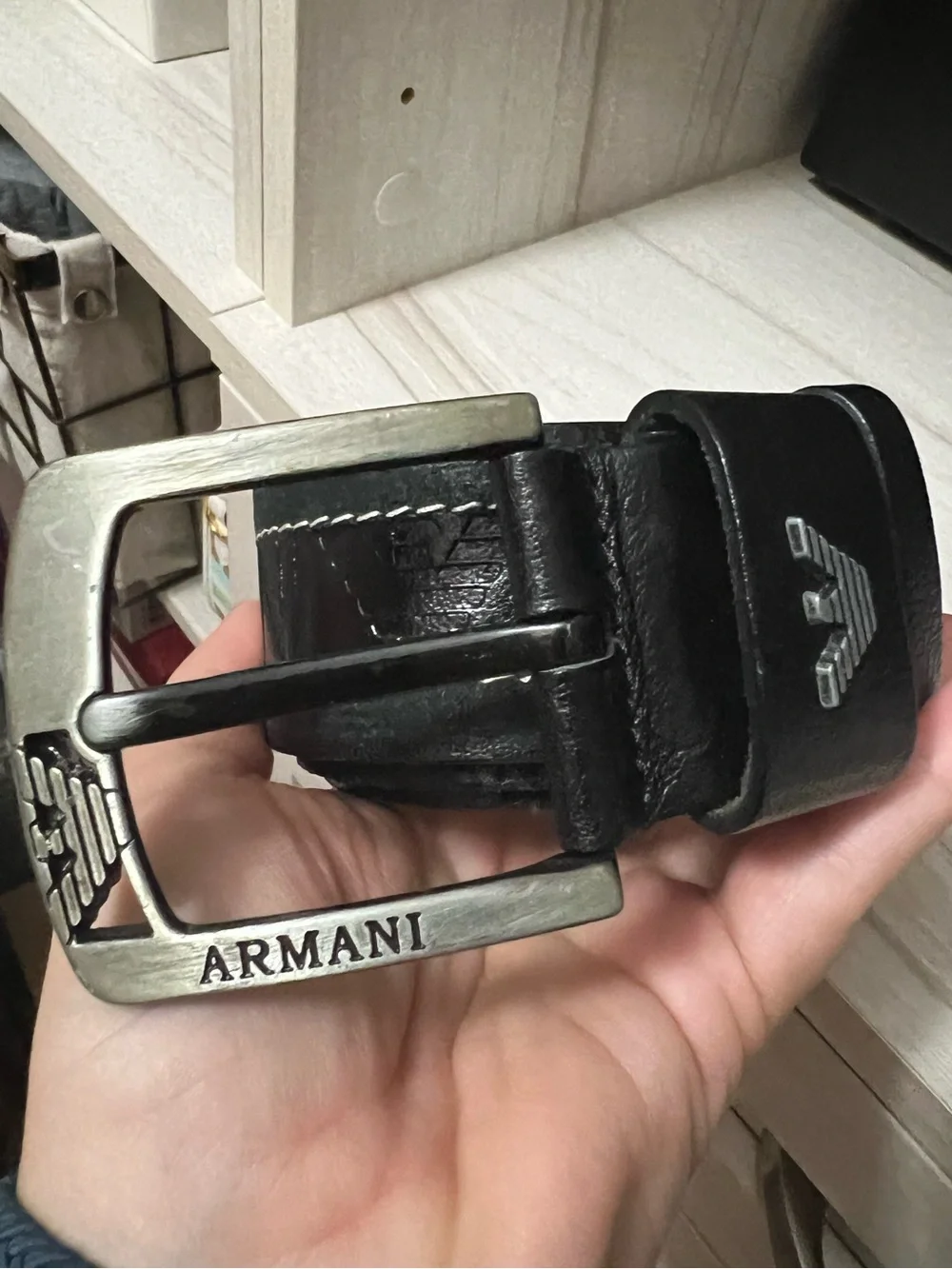 Armani Jeans Black Leather Belt with Branded Metal Buckle